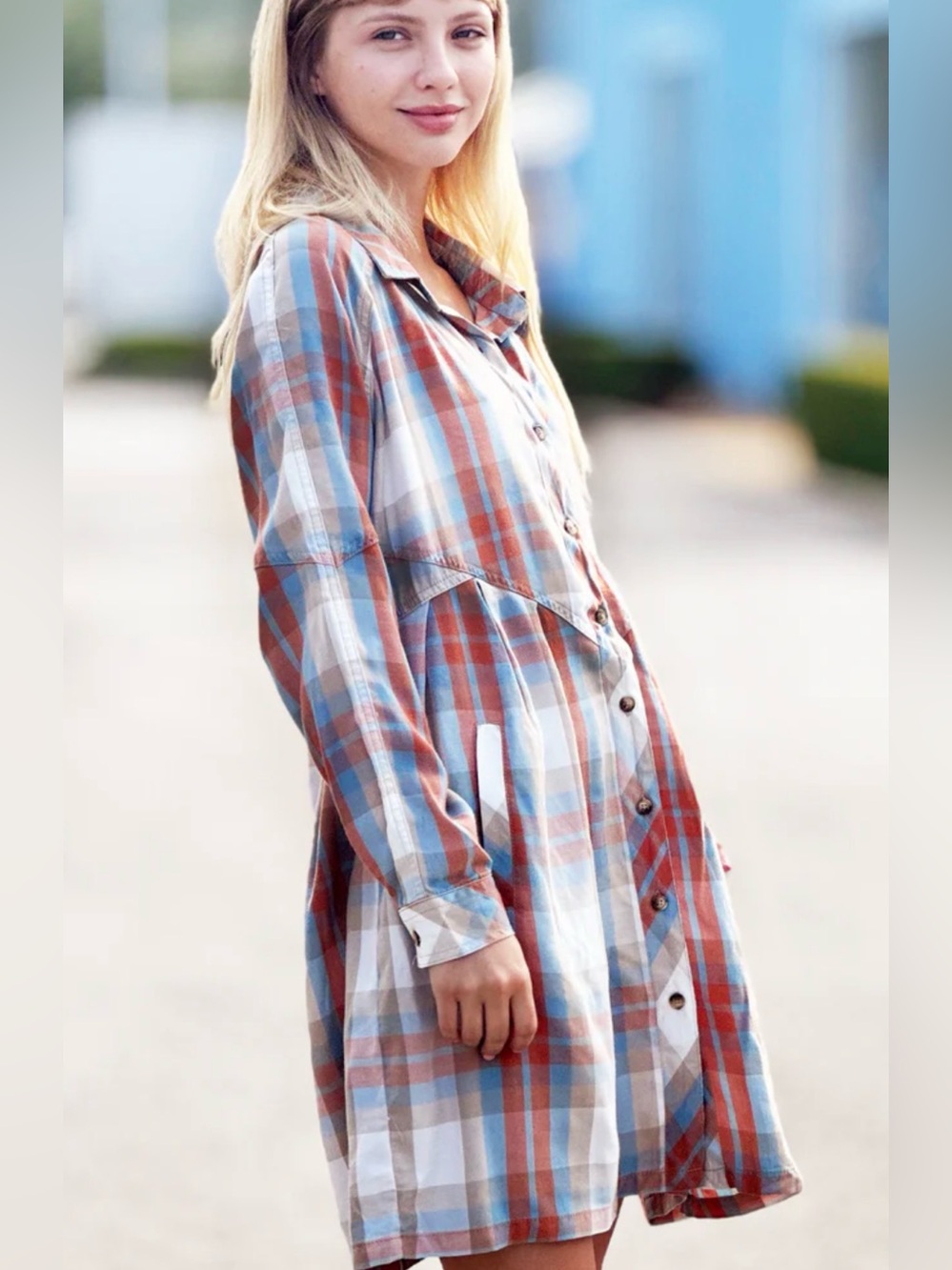 Billy T Coastal Cowgirl Plaid Shorty Button-Front Shirt Dress L NWOT